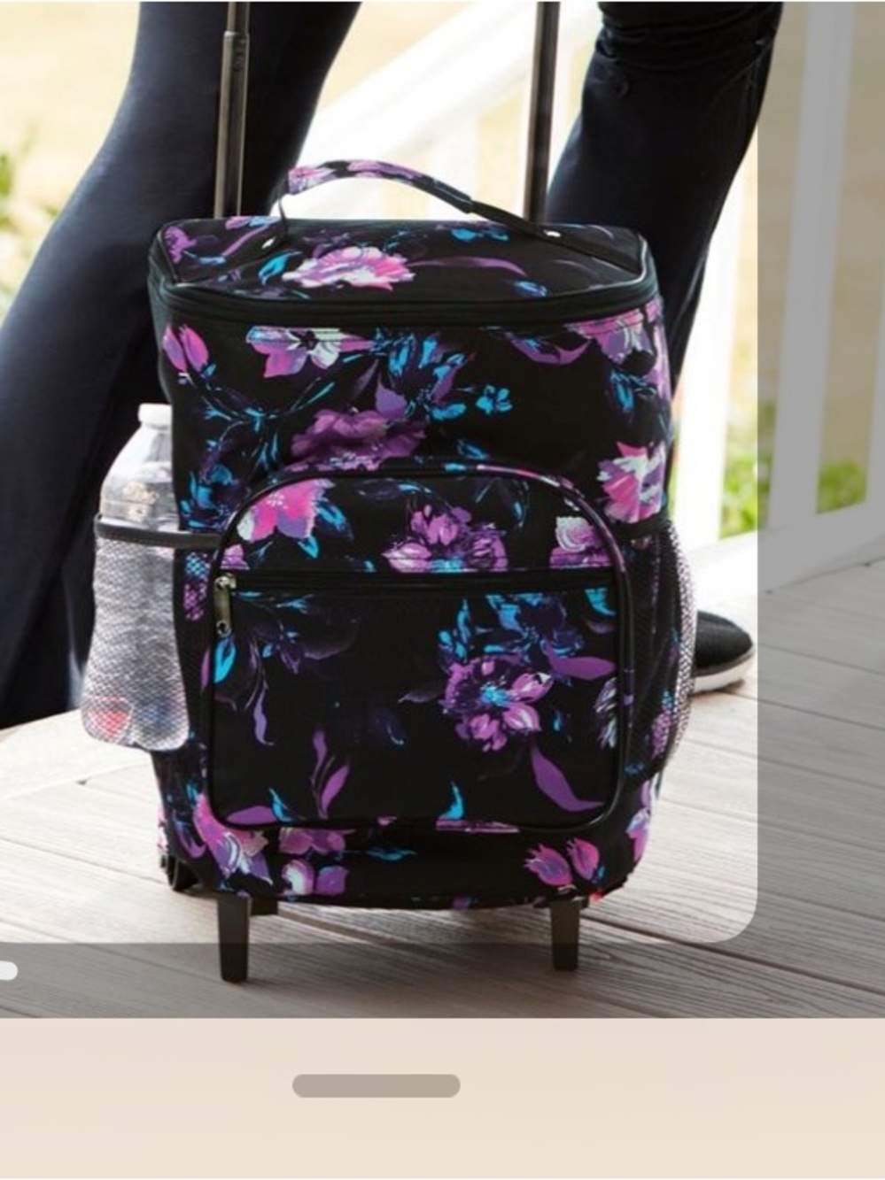 Woman Within Black Floral Rolling Travel Tote with Purple & Teal Accents